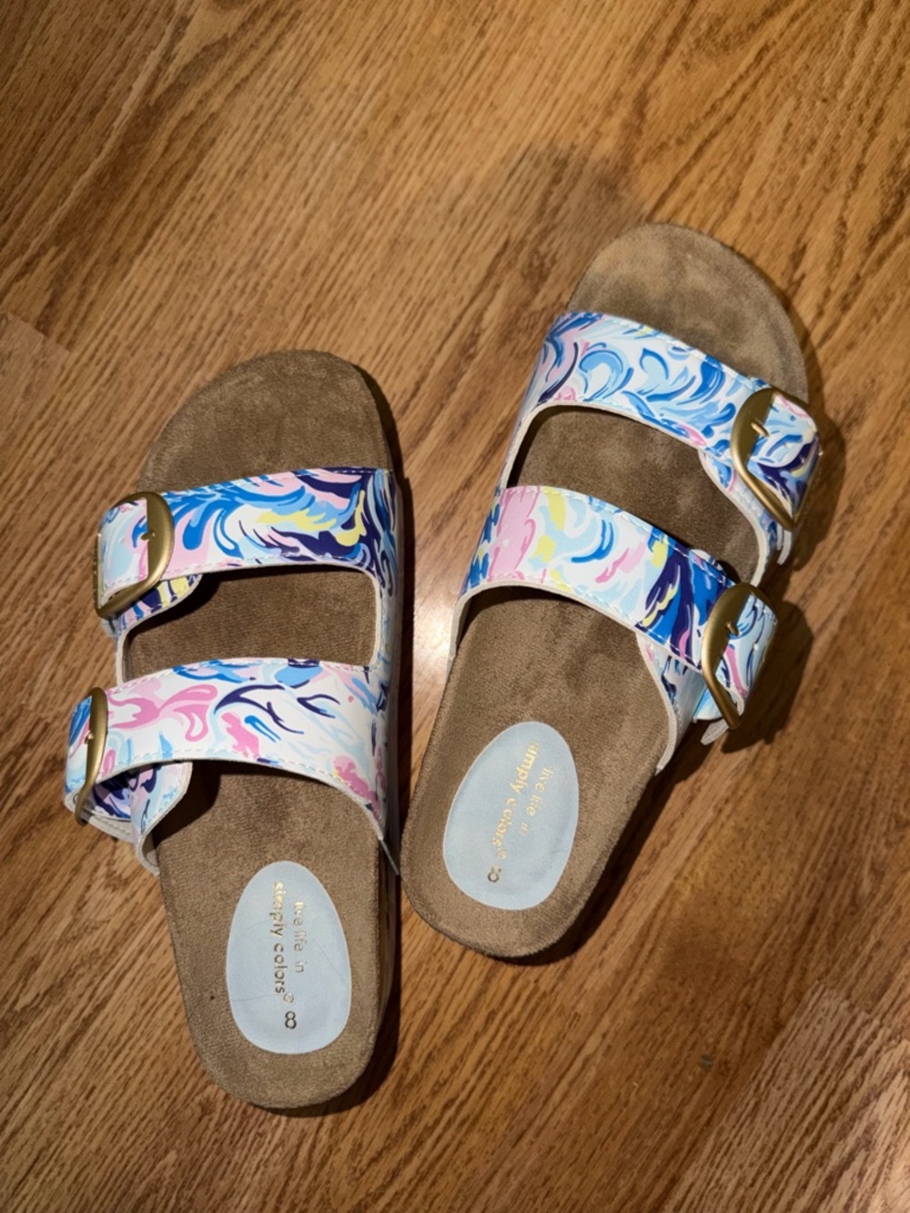 Simply southern New Double-Buckle Slide Sandals in Multicolor Marble Print